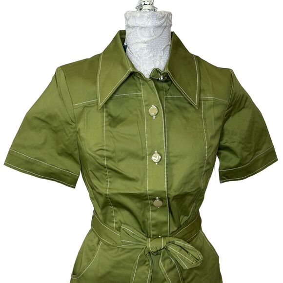 Modcloth Retro Mini Shirt Dress Belted Button Up Short Sleeve Green Women 2 NWT - Picture 4 of 11